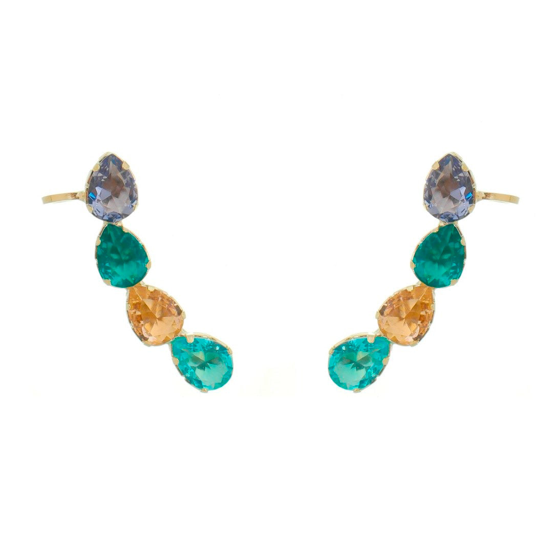 Brinco Ear Cuff Callie Gotas Zircônias Coloridas Folheado a Ouro 18k Piuka