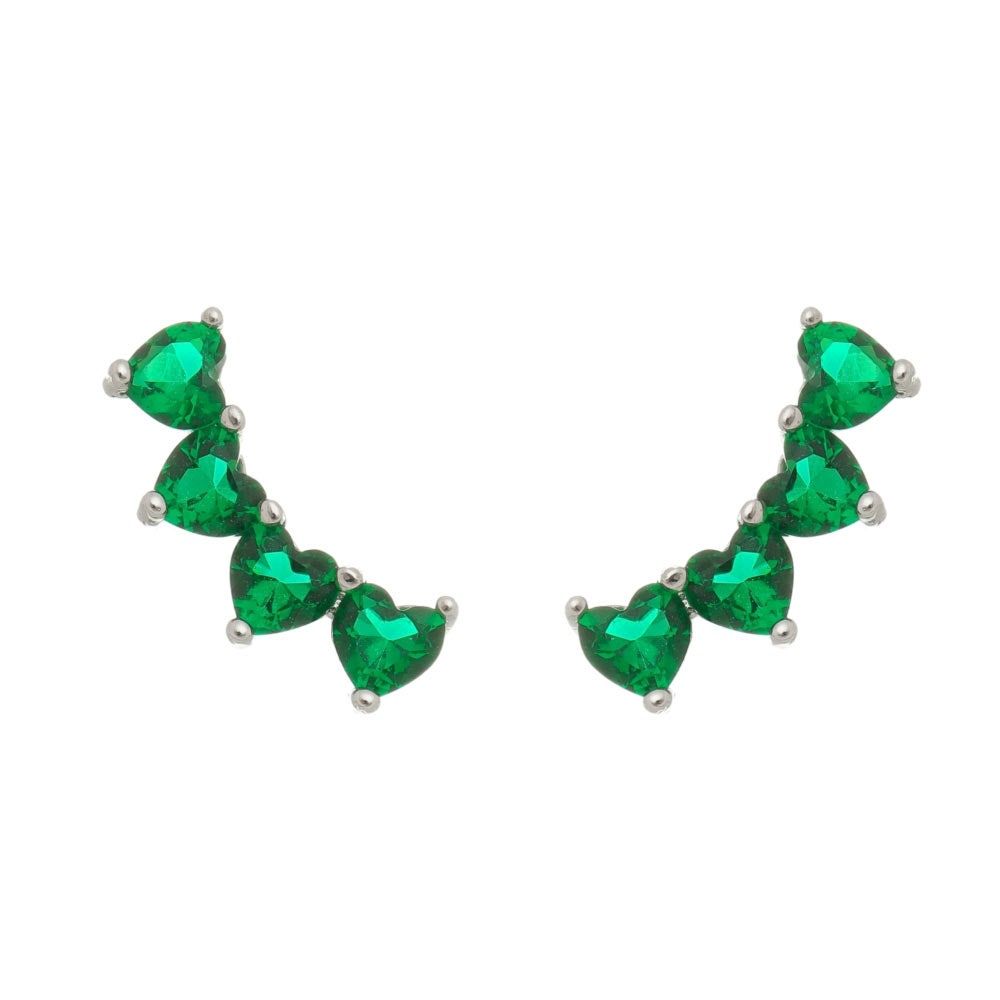 Brinco Piuka Ear Cuff 4 Corações Zircônia Esmeralda Folheado em Ródio Branco