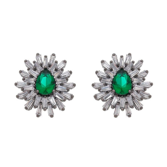 Brinco Piuka Gota Esmeralda Navetes Zircônia Folheado em Ródio Negro