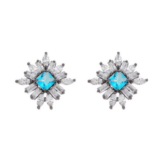 Brinco Piuka Losango Zircônia Blue e Navetes Folheado em Ródio Negro