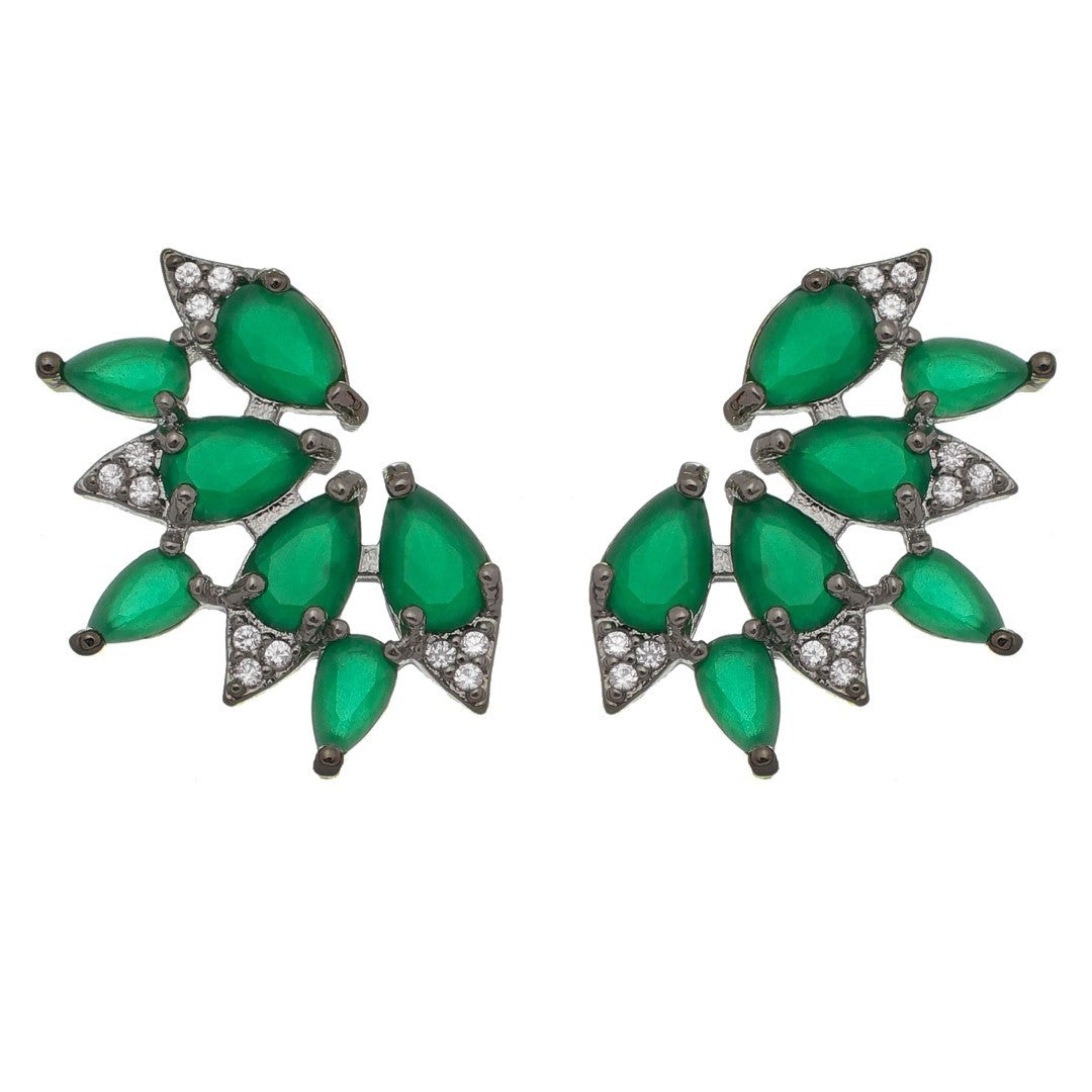 Brinco Piuka Leque Gotas Esmeralda Zircônia Folheado em Ródio Branco