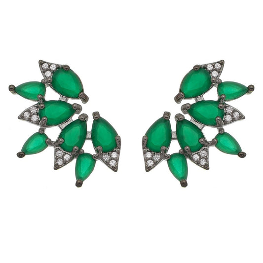 Brinco Piuka Leque Gotas Esmeralda Zircônia Folheado em Ródio Branco