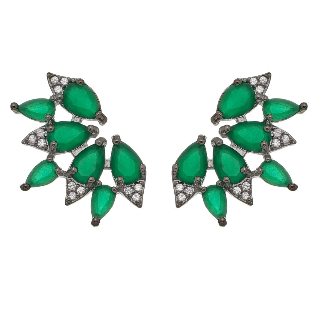 Brinco Gotas Leque Esmeralda Zircônia Folheado em Ródio Negro