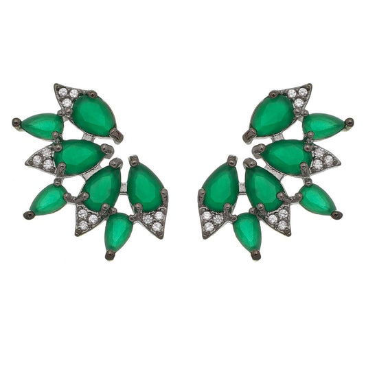 Brinco Gotas Leque Esmeralda Zircônia Folheado em Ródio Negro