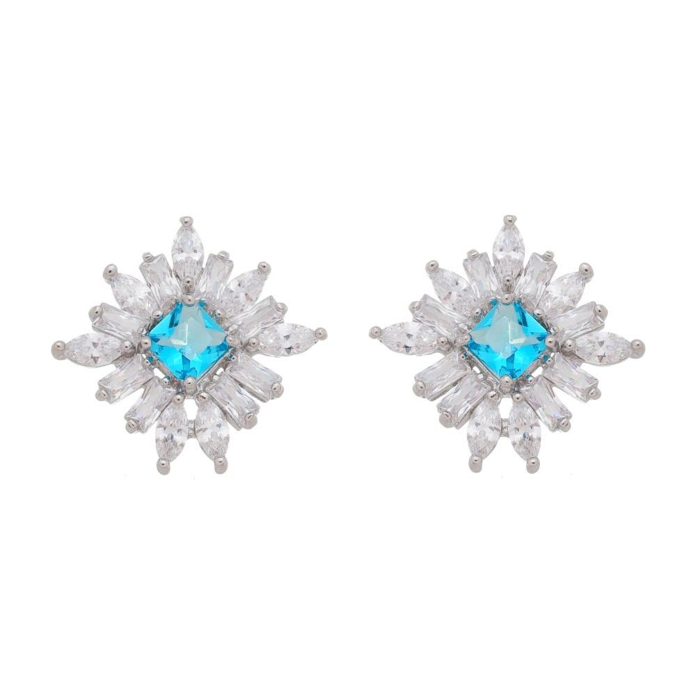 Brinco Piuka Losango Zircônia Blue e Navetes Folheado em Ródio Branco