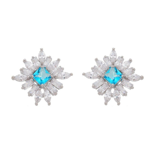 Brinco Piuka Losango Zircônia Blue e Navetes Folheado em Ródio Branco