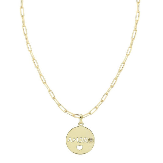 Colar Feminino Medalha Pequena Amor Zircônia Folheado a Ouro 18k