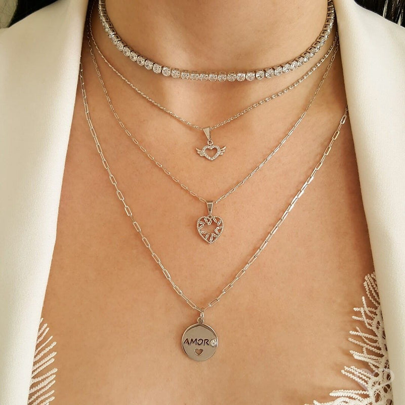 Colar Feminino Amor Zircônia Folheado em Ródio Branco