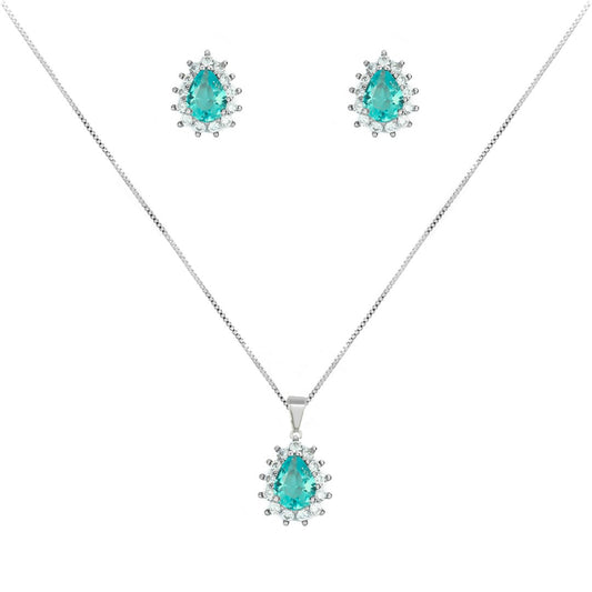 Conjunto Brinco e Colar Gota Pequena Turmalina Cravejado Zircônia Folheado em Ródio Branco