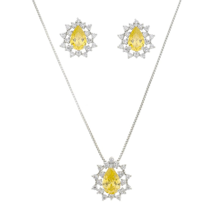 Conjunto Colar e Brinco Piuka Gota Yellow Média Zircônia Cravejada Folheado em Ródio Branco