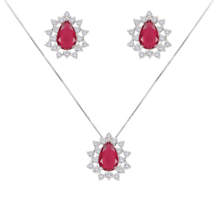 Conjunto Colar e Brinco Piuka Gota Rubi Média Zircônia Cravejada Folheado em Ródio Branco