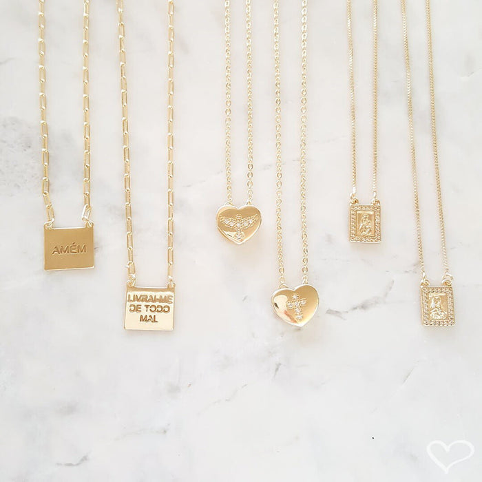 Escapulário Feminino Coração Espirito Santo Folheado a Ouro 18k Piuka