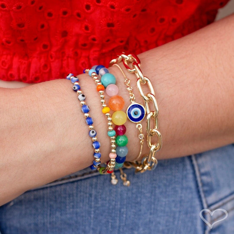 Pulseira Folheada a Ouro 18k Ajustável Olho Grego Ruby Zircônias Cristais