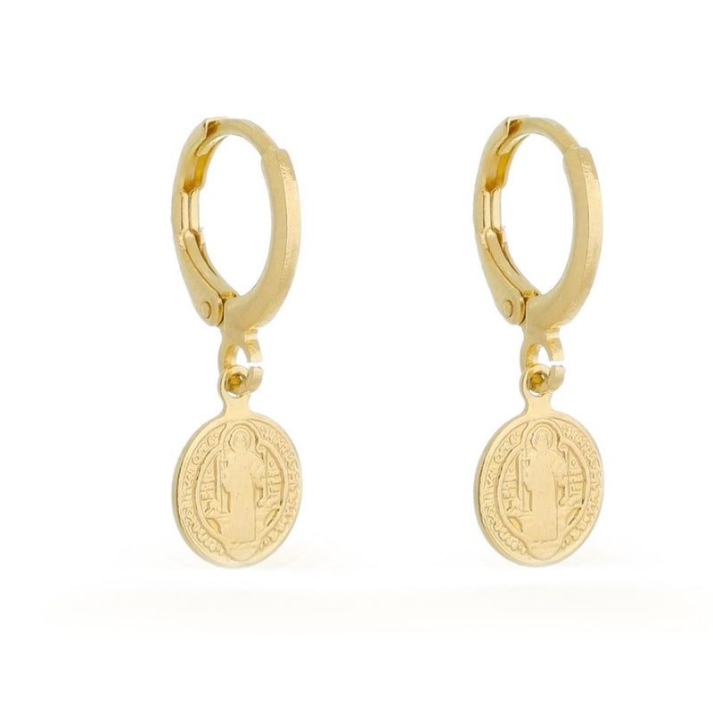 Brinco Argolinha Medalha São Bento Folheado a Ouro 18k