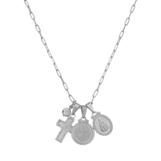 Colar São Bento Amuletos Folheado em Ródio Branco