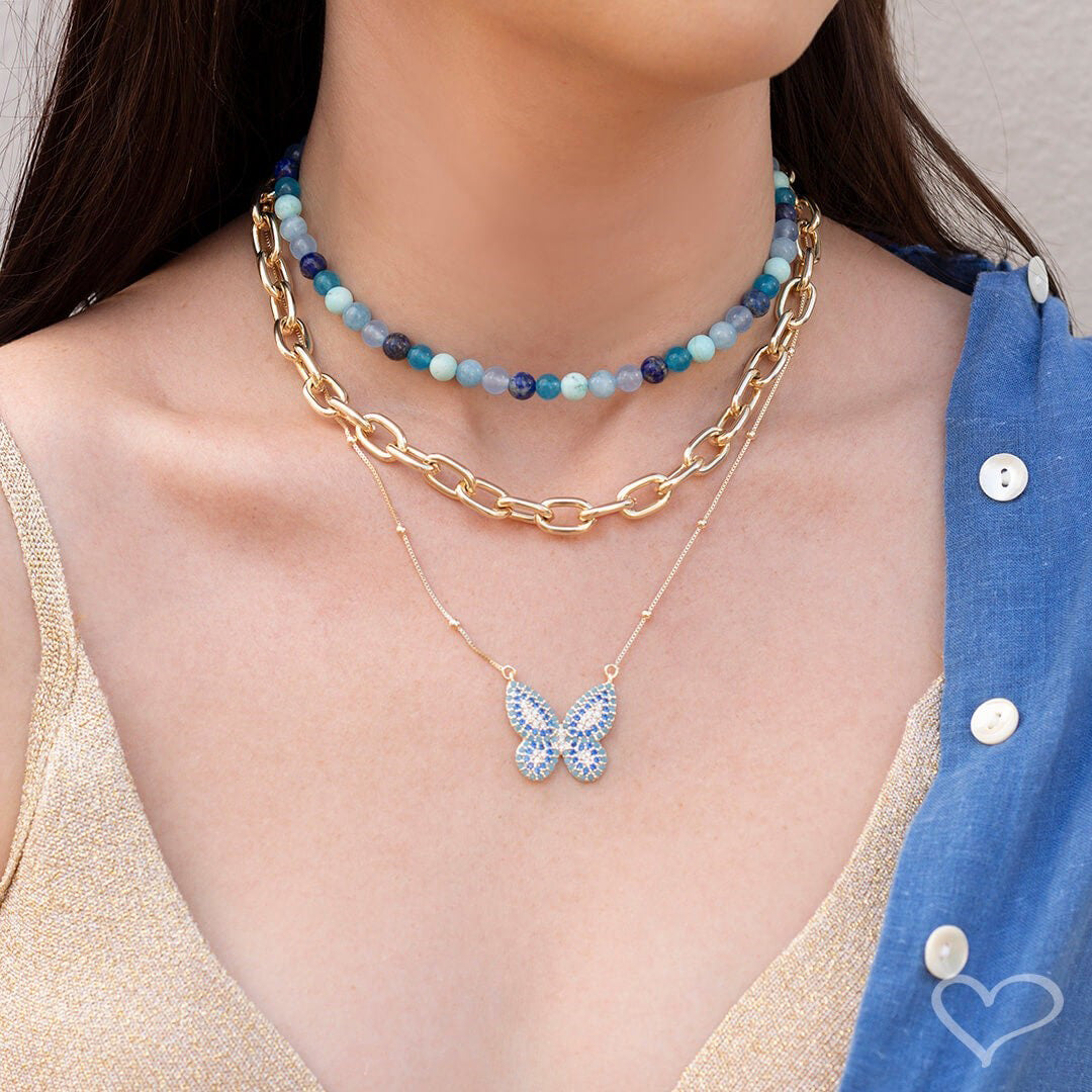 Colar de Borboleta Cecil Zircônia Azul Folheado a Ouro 18k