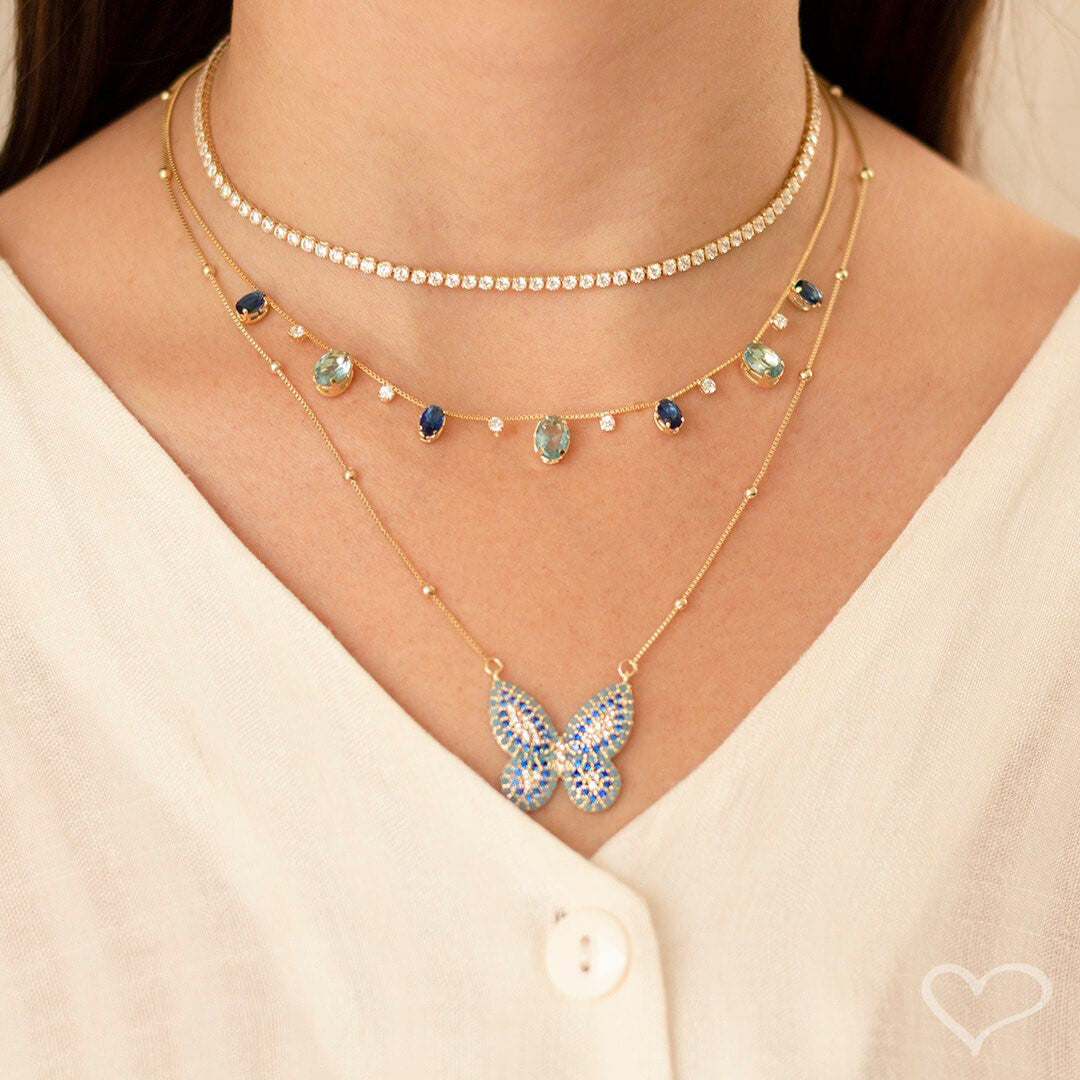 Colar de Borboleta Cecil Zircônia Azul Folheado a Ouro 18k