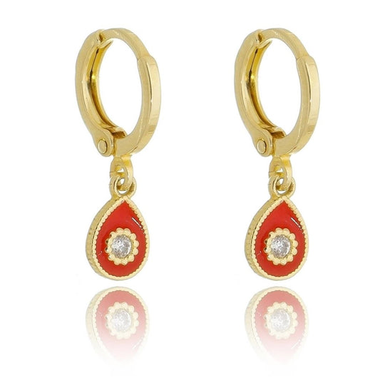 Brinco Argolinha Tina Gota Vermelha Zircônia Folheado a Ouro 18k