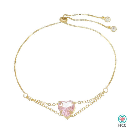 Pulseira Piuka Ajude Hcc Coração Zircônia Rosa Folheado a Ouro 18k