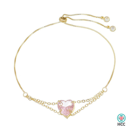 Pulseira Piuka Ajude Hcc Coração Zircônia Rosa Folheado a Ouro 18k