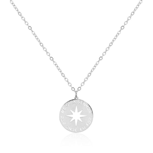 Colar Feminino Medalha Me Guia Senhor Por Onde Eu For Folheado em Ródio Branco