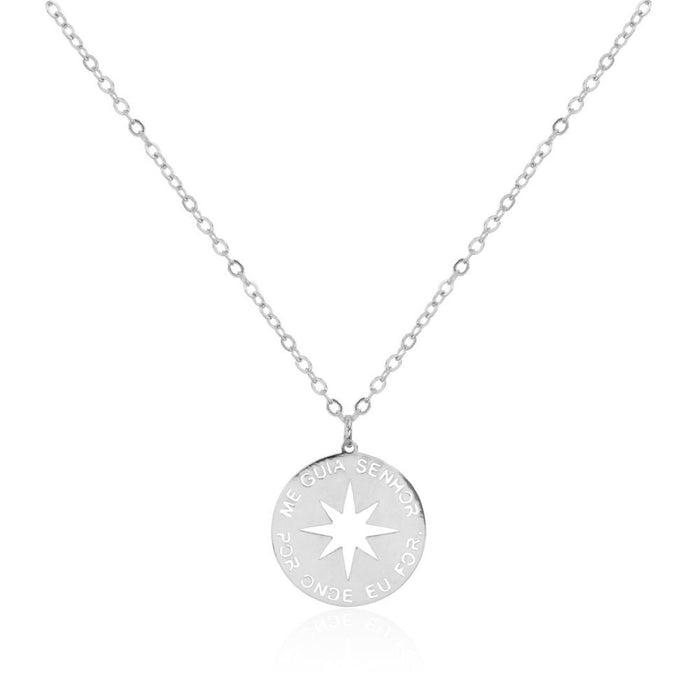 Colar Feminino Medalha Me Guia Senhor Por Onde Eu For Folheado em Ródio Branco