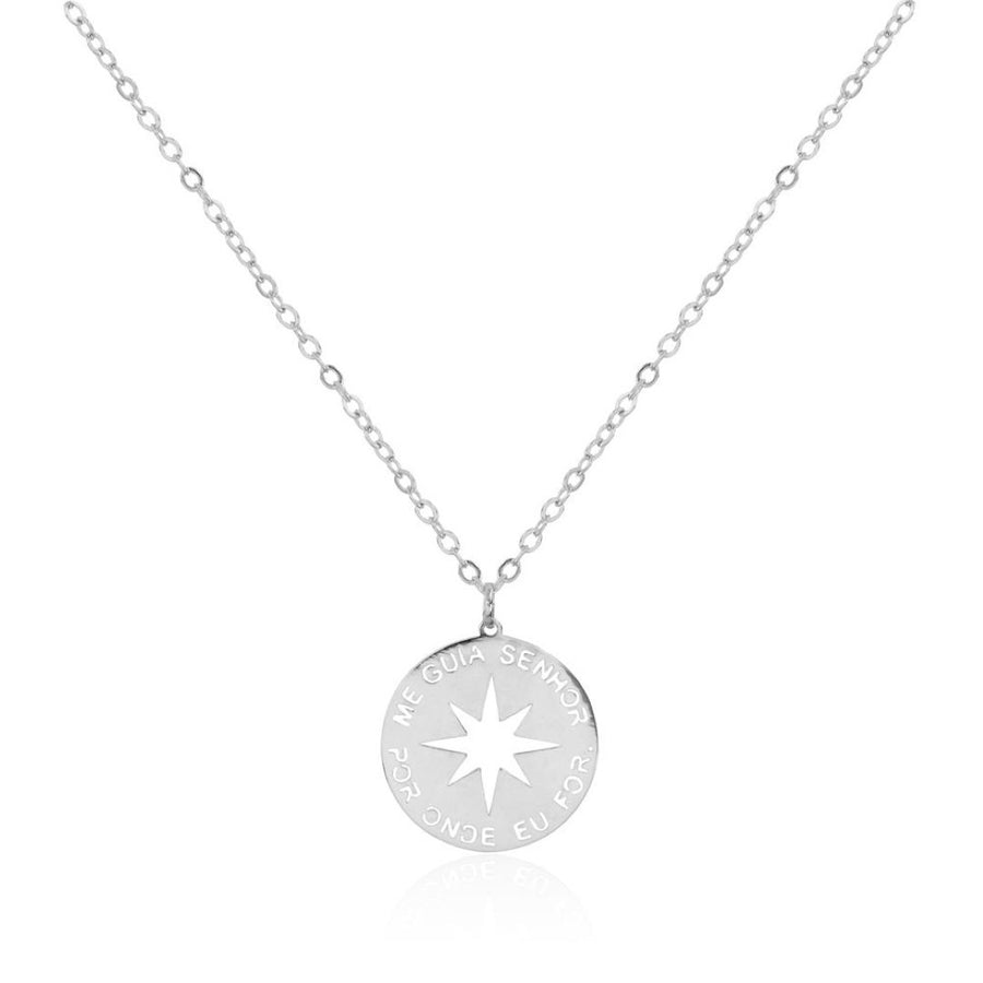 Colar Feminino Medalha Me Guia Senhor Por Onde Eu For Folheado em Ródio Branco