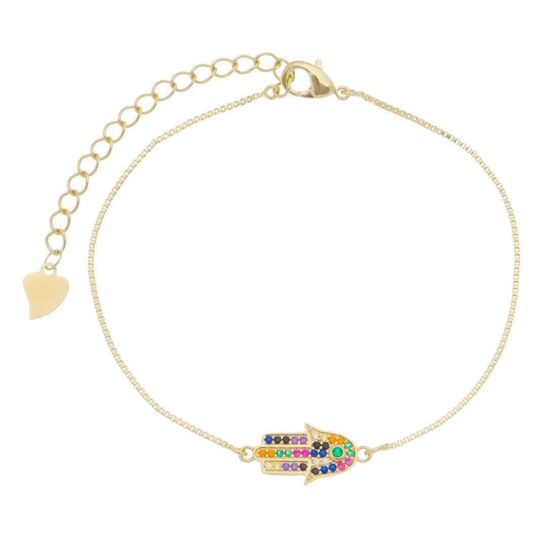 Pulseira Piuka Mão de Fátima Zircônias Coloridas Folheado a Ouro 18k
