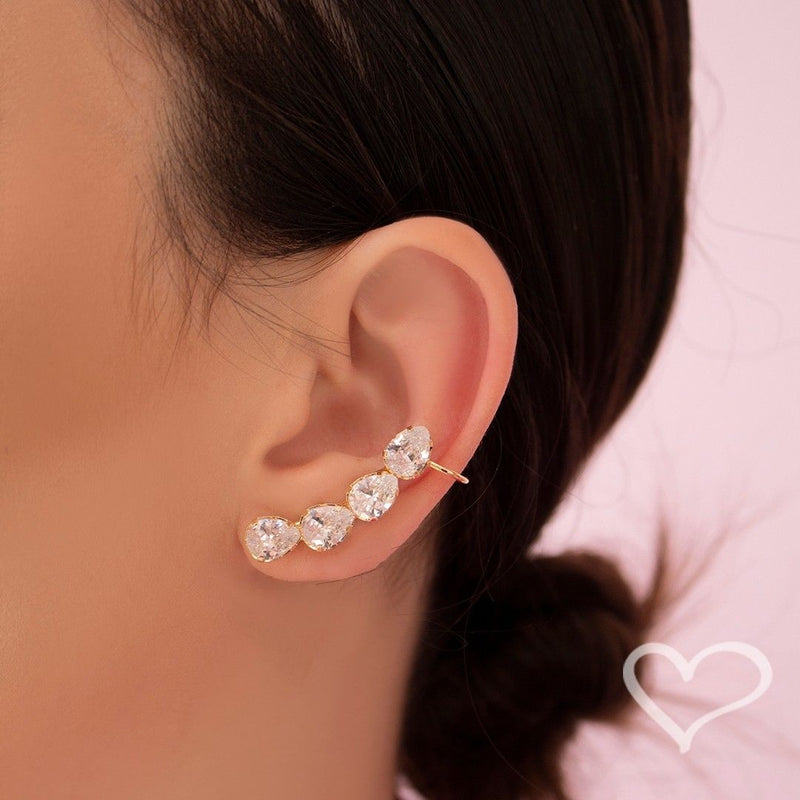 Brinco Ear Cuff Callie Gotas Zircônias Cristal Folheado a Ouro 18k
