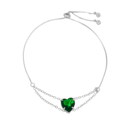 Pulseira Ajustável Folheada em Ródio Branco Coração Zircônias Esmeralda Breila