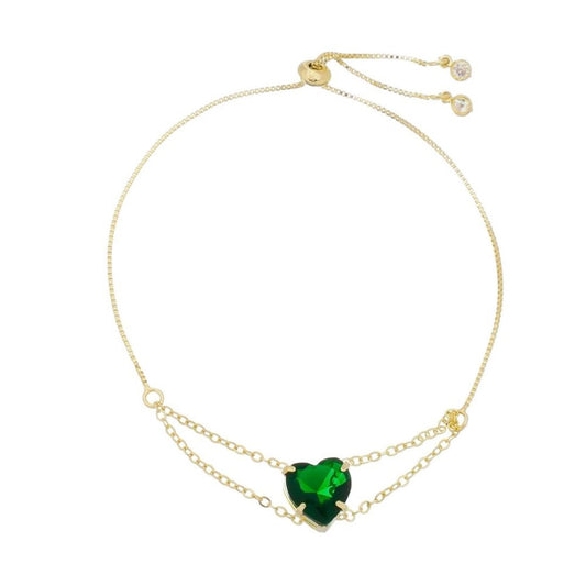 Pulseira Folheada a Ouro 18k Ajustável Coração Zircônias Esmeralda Breila