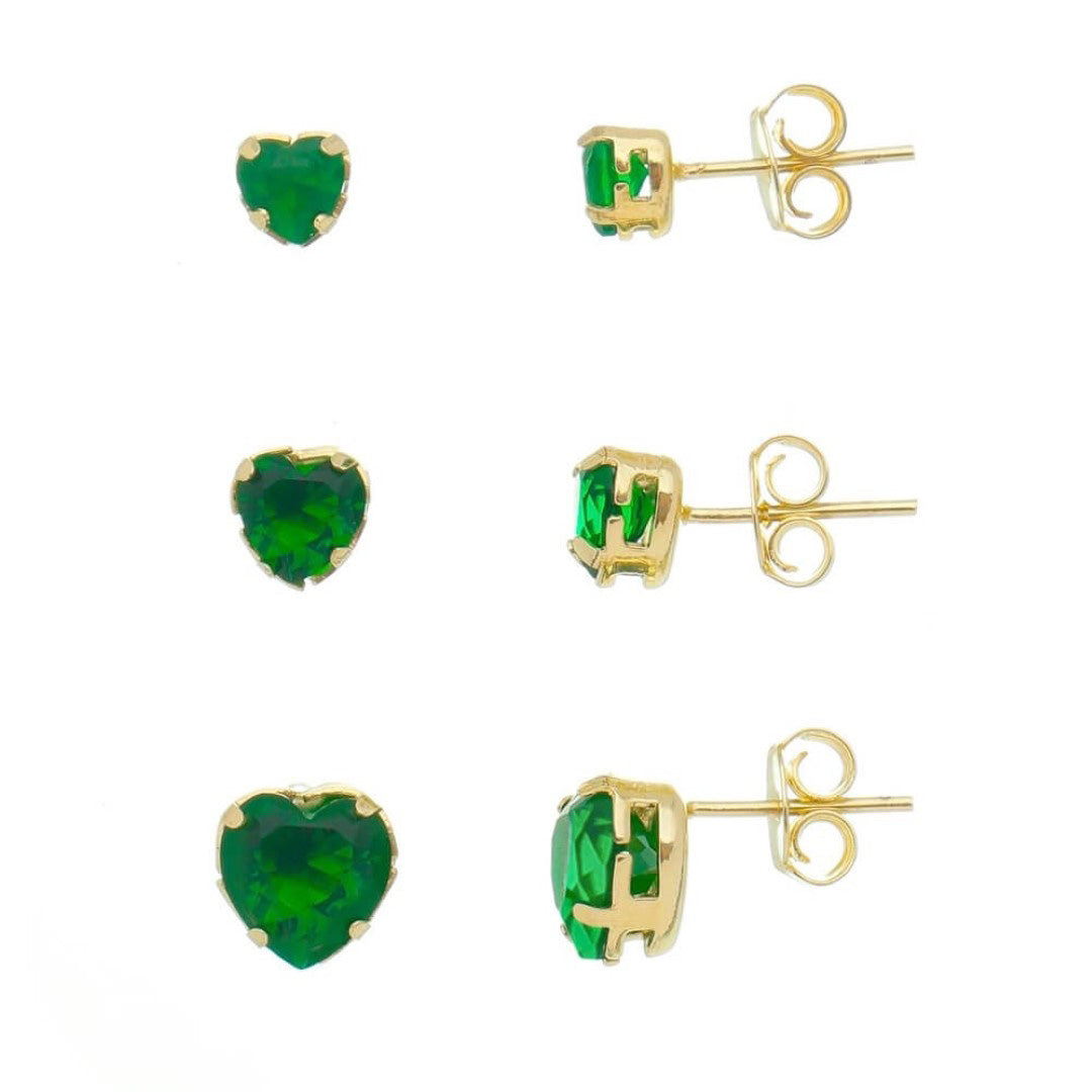 Kit Três Brincos Lela Zircônia Coração Esmeralda Folheado a Ouro 18k