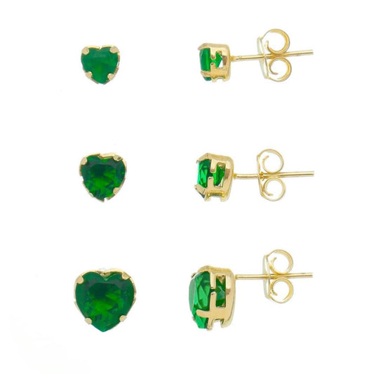 Kit Três Brincos Lela Zircônia Coração Esmeralda Folheado a Ouro 18k