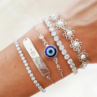 Pulseira Ajustável Folheada em Ródio Branco Riviera Chiara Zircônia Pequena Cristal