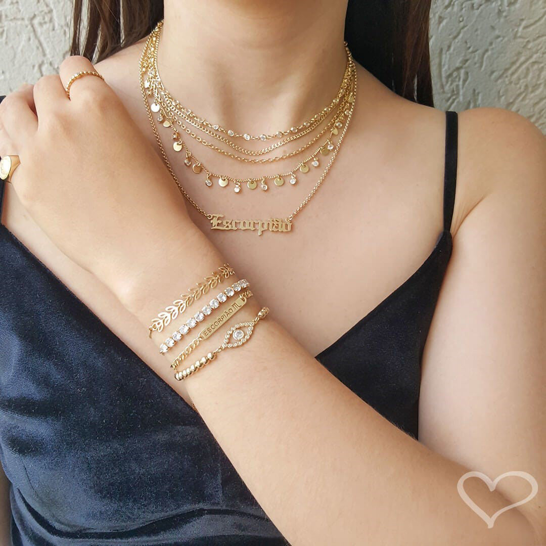 Pulseira Ajustável Folheada a Ouro 18k Riviera Chiara Zircônia Média Cristal