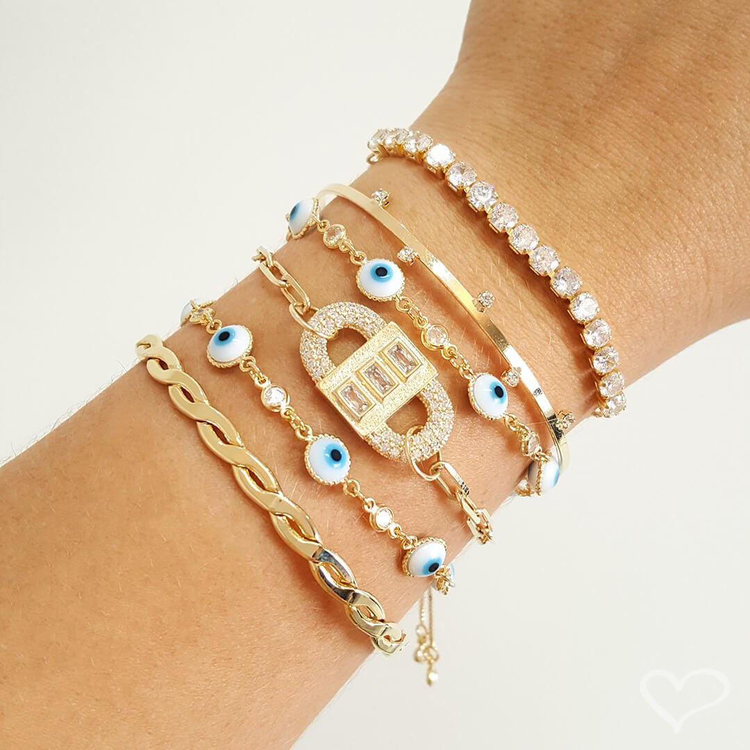 Pulseira Ajustável Folheada a Ouro 18k Riviera Chiara Zircônia Média Cristal