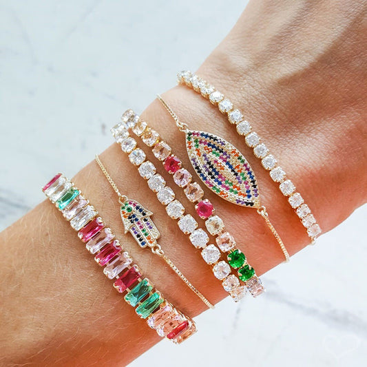 Pulseira Ajustável Folheada a Ouro 18k Riviera Chiara Zircônia Pequena Cristal