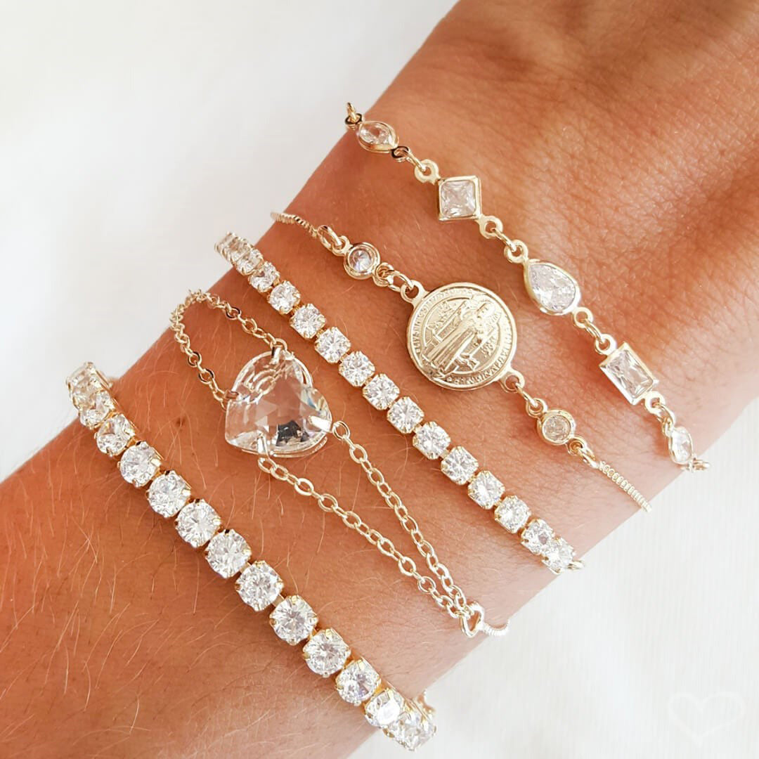 Pulseira Ajustável Folheada a Ouro 18k Riviera Chiara Zircônia Pequena Cristal