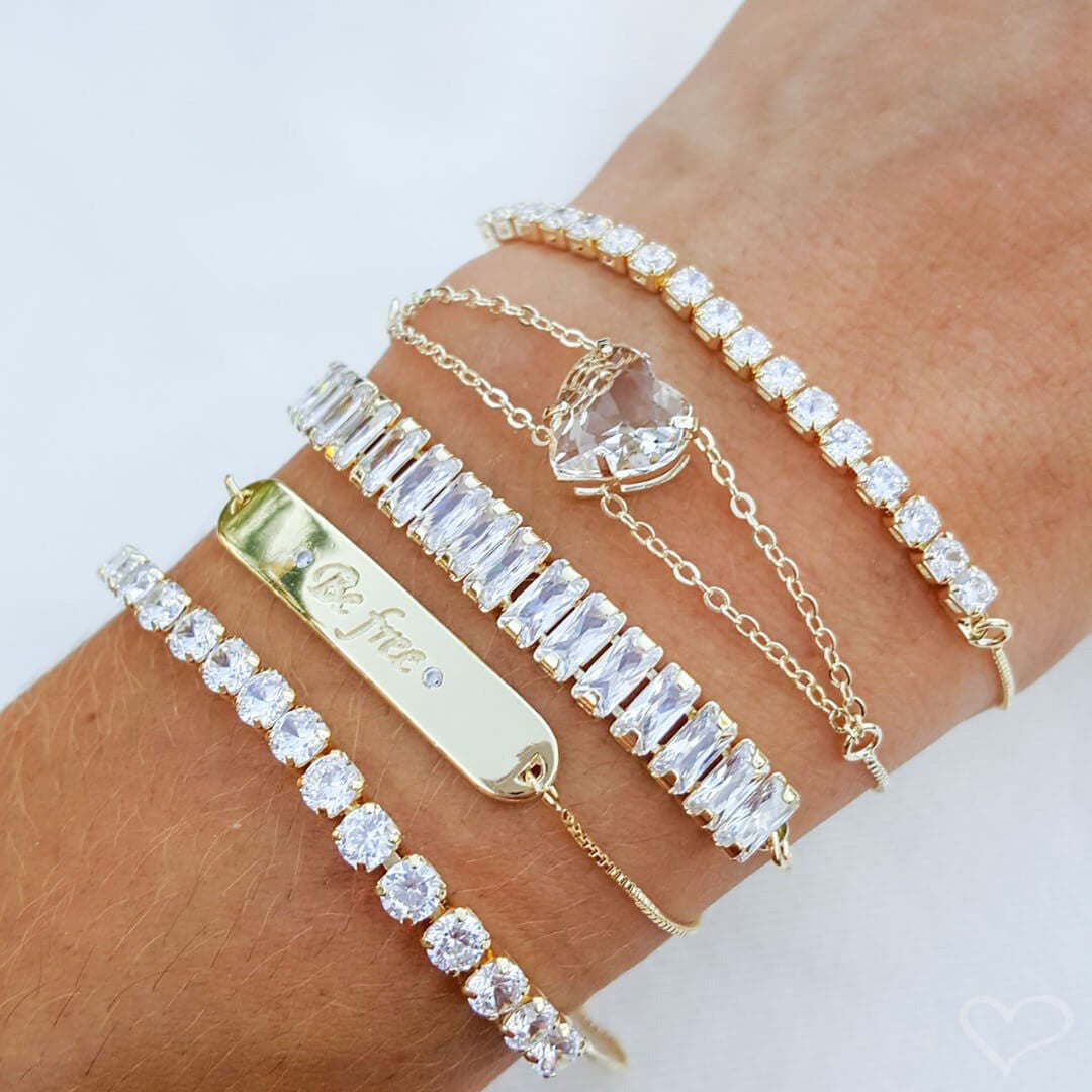 Pulseira Ajustável Folheada a Ouro 18k Taylor Média Zircônia Baguete Cristal