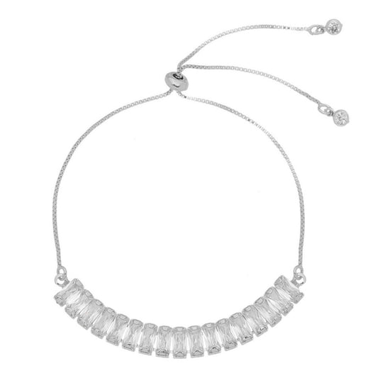 Pulseira Ajustável Folheada em Ródio Branco Taylor Média Zircônia Baguete Cristal