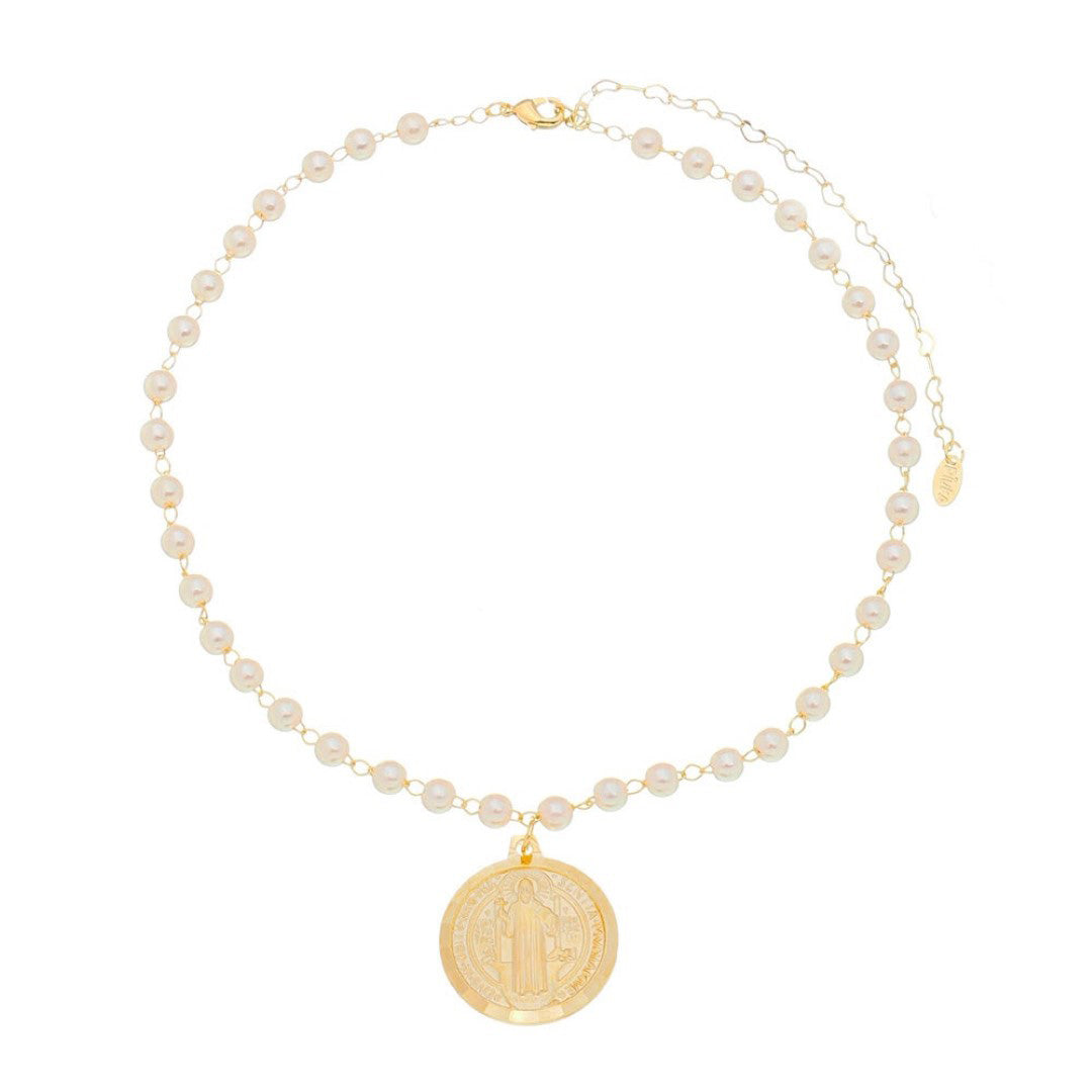 Choker Medalha São Bento Pérolas Folheado a Ouro 18k