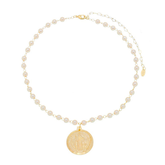 Choker Medalha São Bento Pérolas Folheado a Ouro 18k