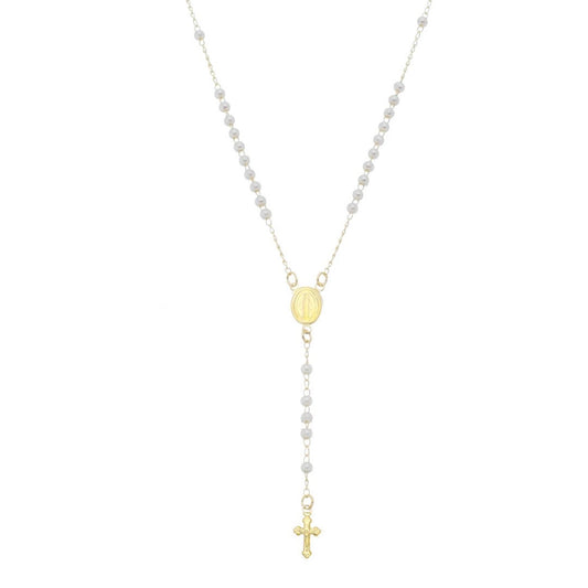 Colar Terço Maria Mini Perólas Folheado a Ouro 18k