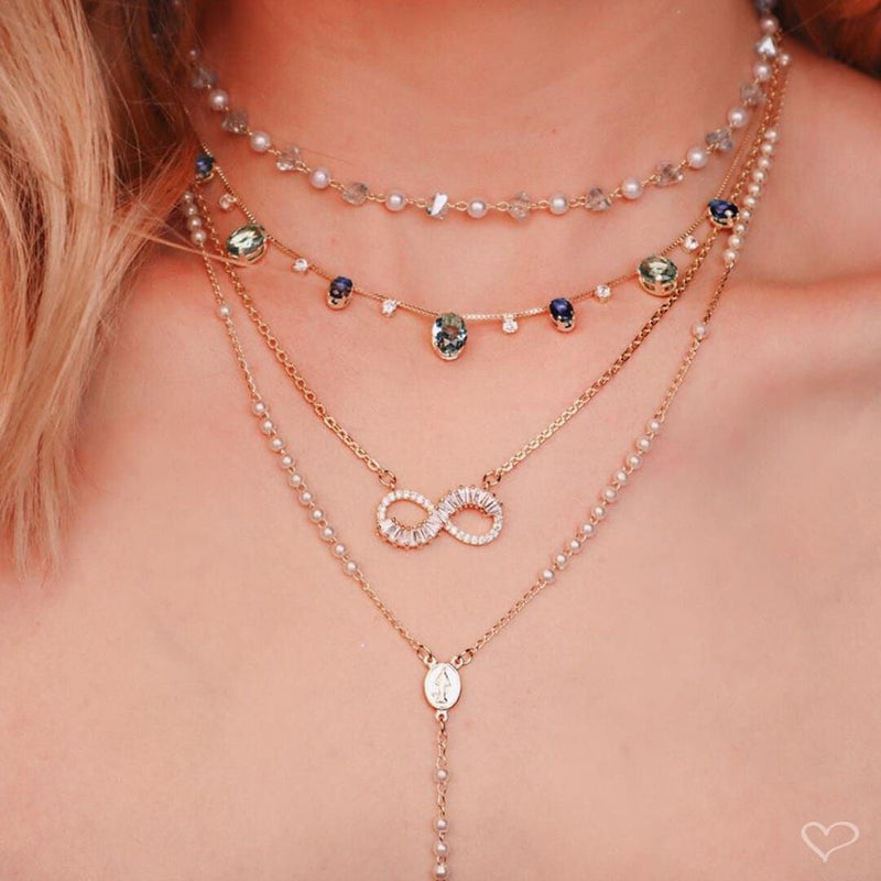 Colar Terço Maria Mini Perólas Folheado a Ouro 18k