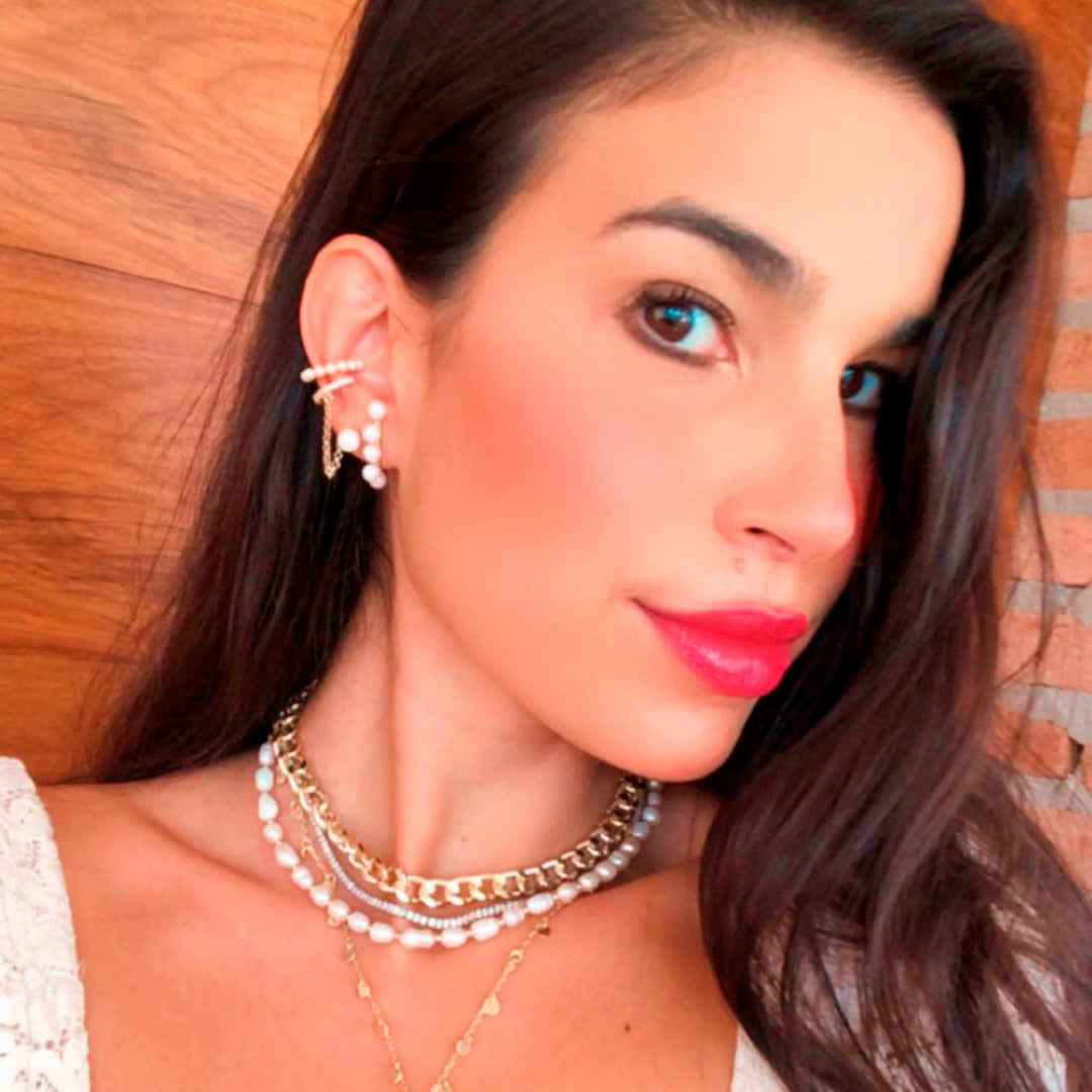 Brinco Ear Line Aline Pérola e Zircônia Cristal Folheado a Ouro 18k