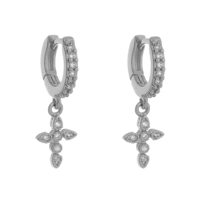 Brinco Argolinha Filipa Zircônia e Cruz Folheado em Ródio Branco