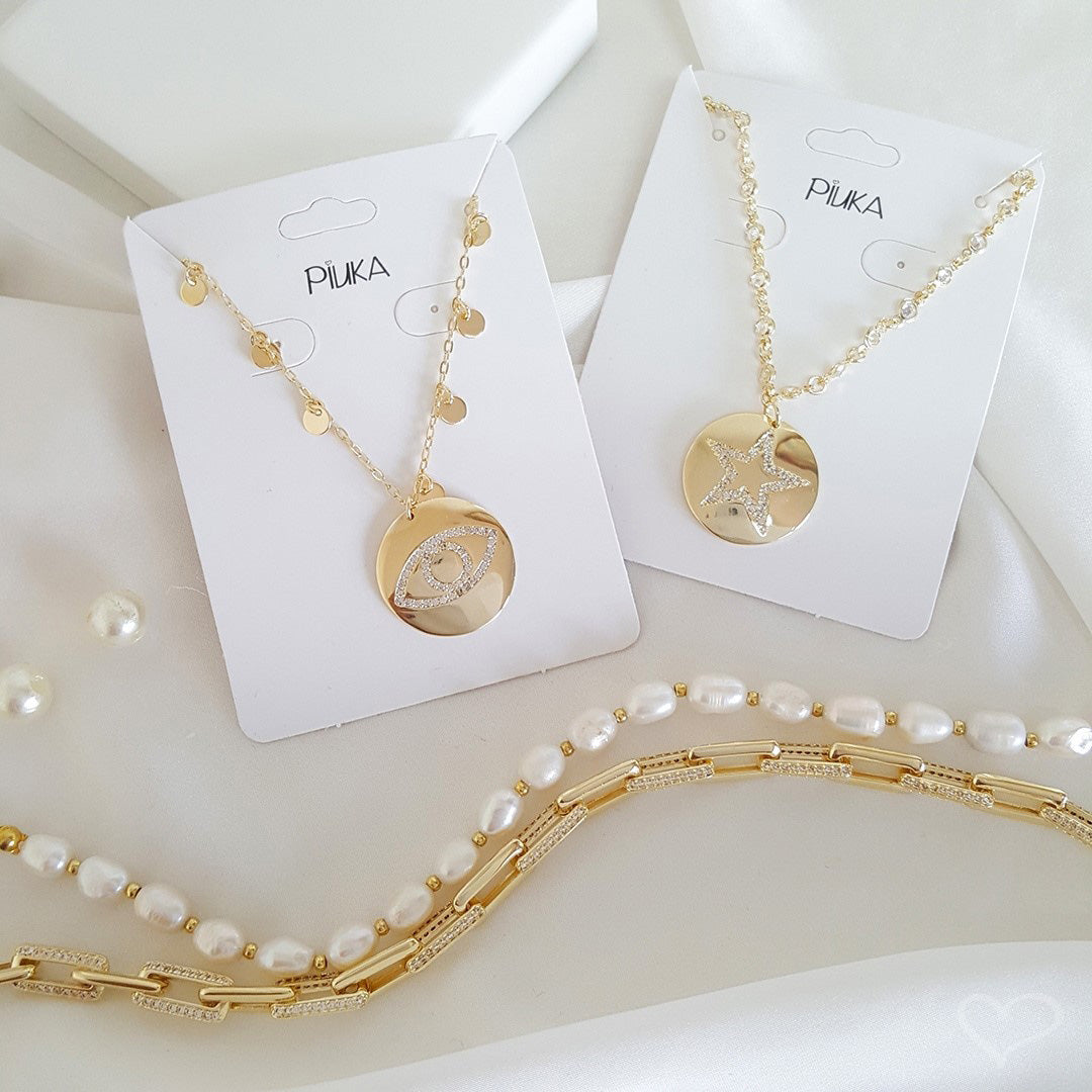 Colar Olho Grego Medalha Ayla Zircônia Folheado a Ouro 18k