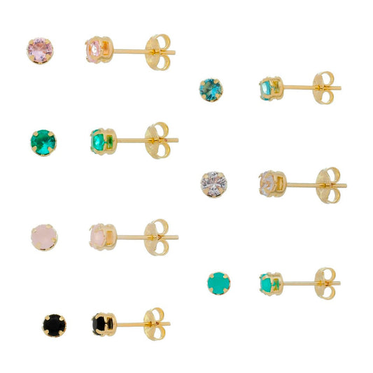 Kit 7 Brincos Semaninha Fafa Zircônias Coloridas Folheado a Ouro 18k