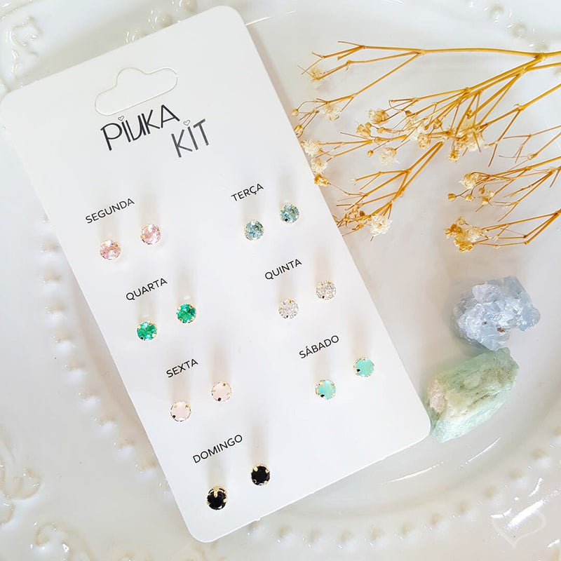 Kit 7 Brincos Semaninha Fafa Zircônias Coloridas Folheado a Ouro 18k