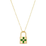 Colar Feminino Ariane Cadeado Flor Zircônia Esmeralda Folheado a Ouro 18k